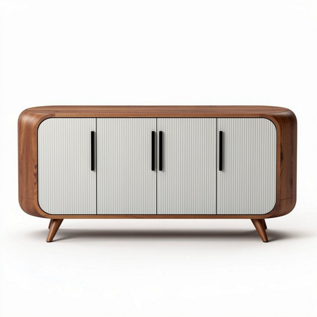 Wooden sideboard with white ribbed doors and tapered legs 120 x 40 x 75cm