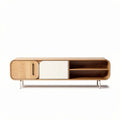 Wooden storage console with white cabinet doors and open shelves 120 x 40 x 45cm
