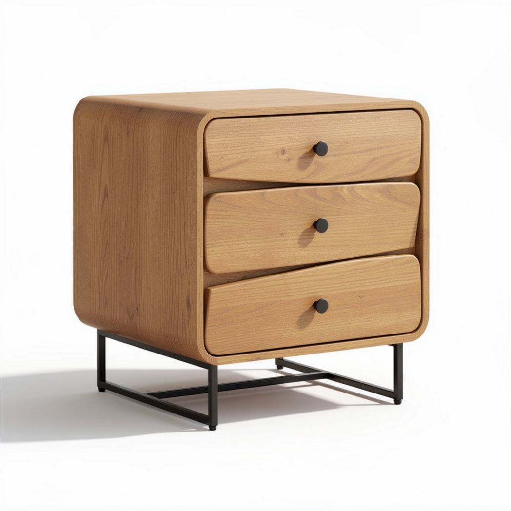 Wooden nightstand with three drawers and black metal legs 50 x 40 x 60cm