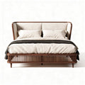 Wooden frame bed with upholstered headboard and cream-colored bedding 190 x 160 x 100cm