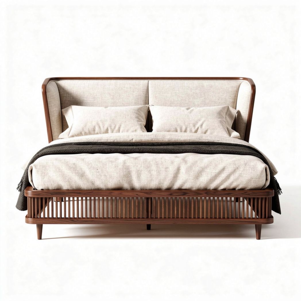 Wooden frame bed with upholstered headboard and cream-colored bedding 190 x 160 x 100cm