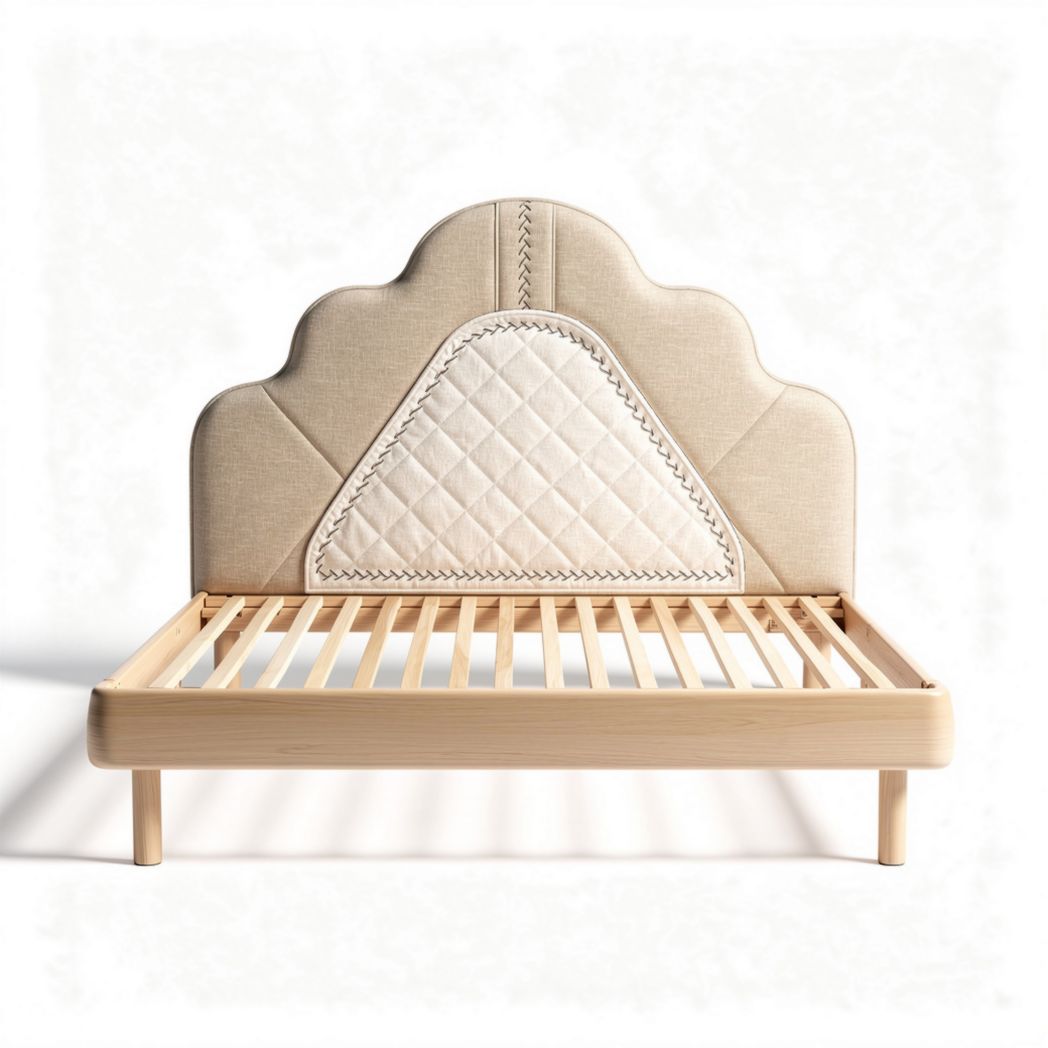 Wooden bed frame with upholstered headboard in beige color 200 x 150 x 100cm
