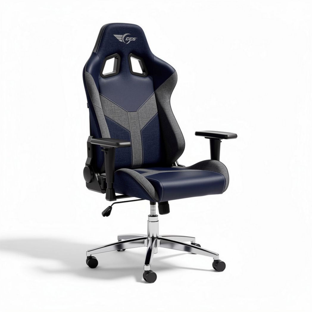 Racing style gaming chair in navy blue and gray with ergonomic design