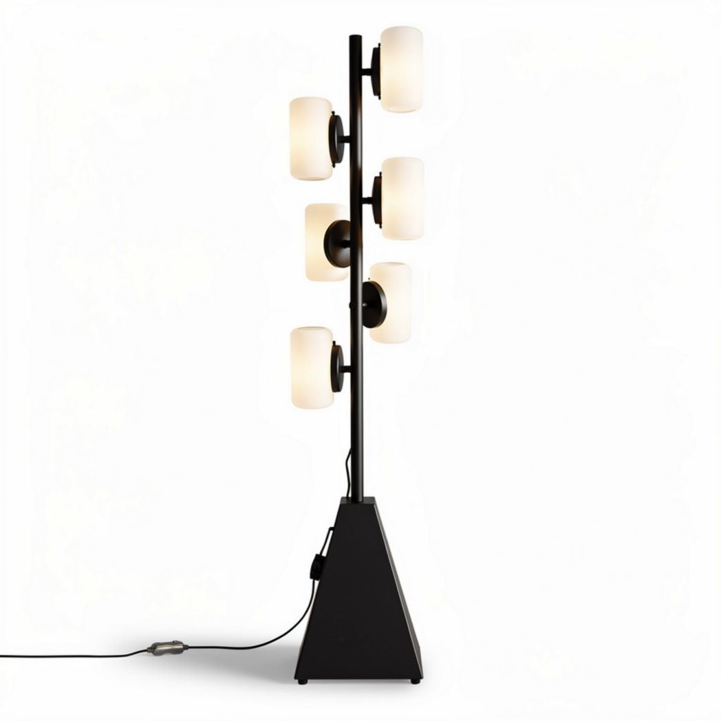 Modern floor lamp with five frosted glass shades and black metal base 25 x 25 x 150cm
