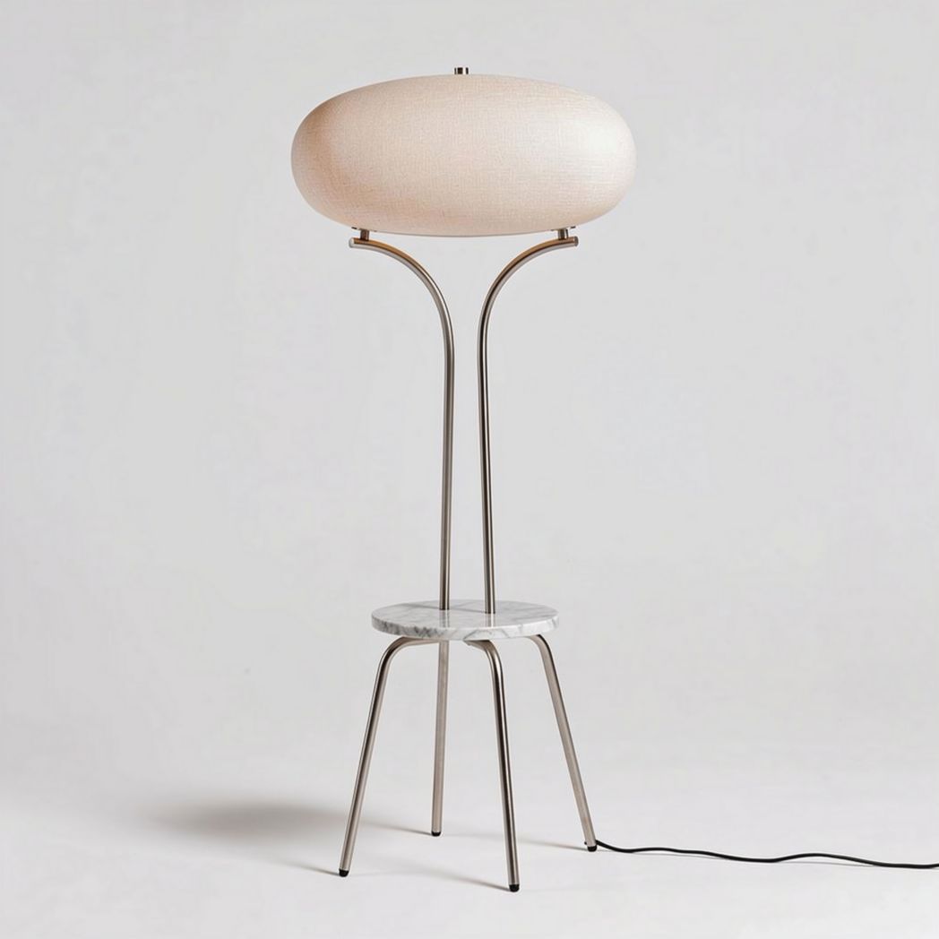 Modern standing lamp with glass base and fabric shade in white 50 x 30 x 150cm