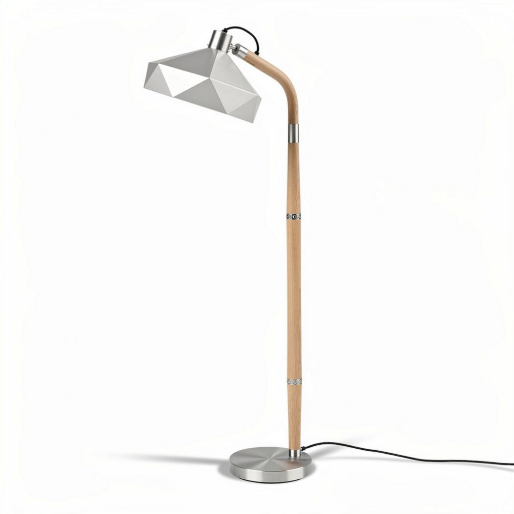 Modern floor lamp with geometric metal shade and wooden base 120 x 30 x 30cm