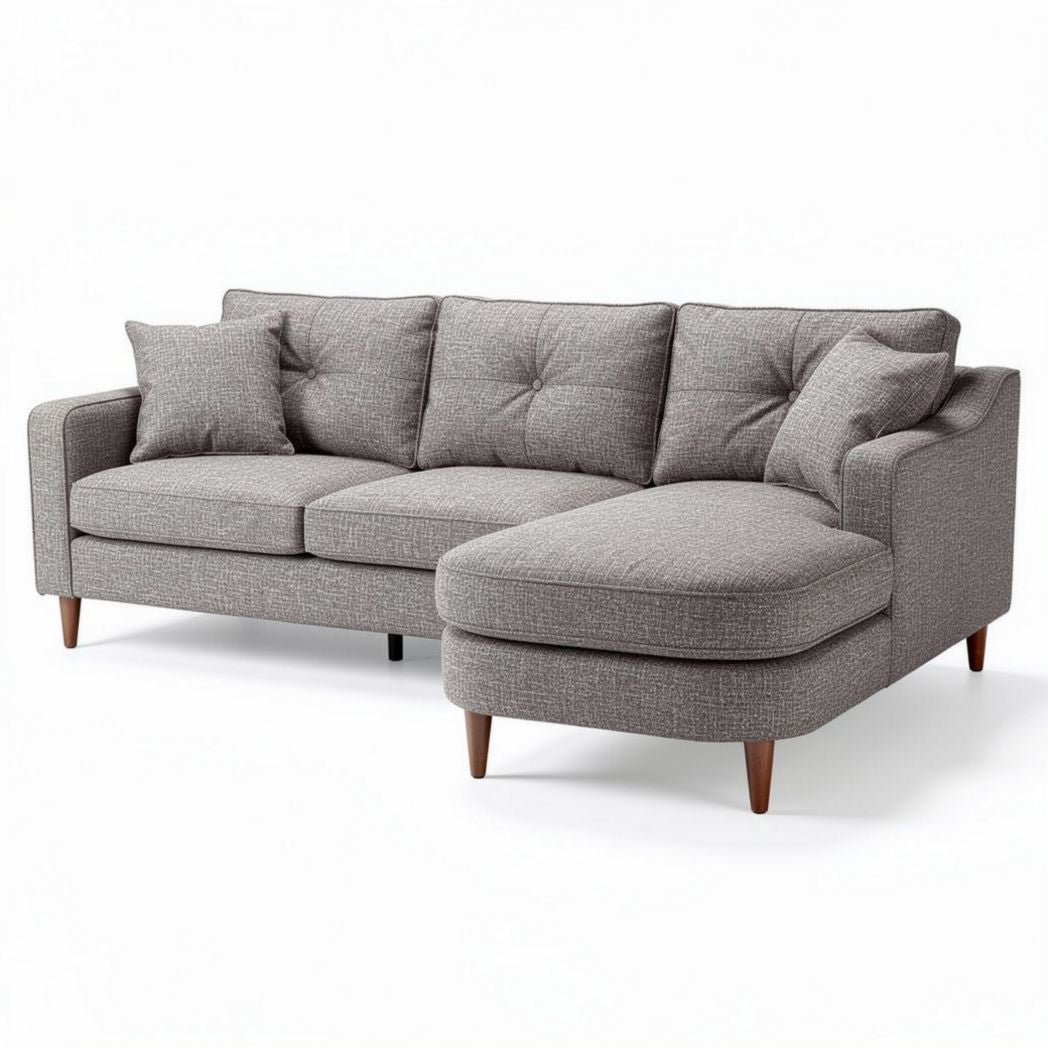 Gray fabric sectional sofa with tufted design and wooden legs 220 x 90 x 85cm