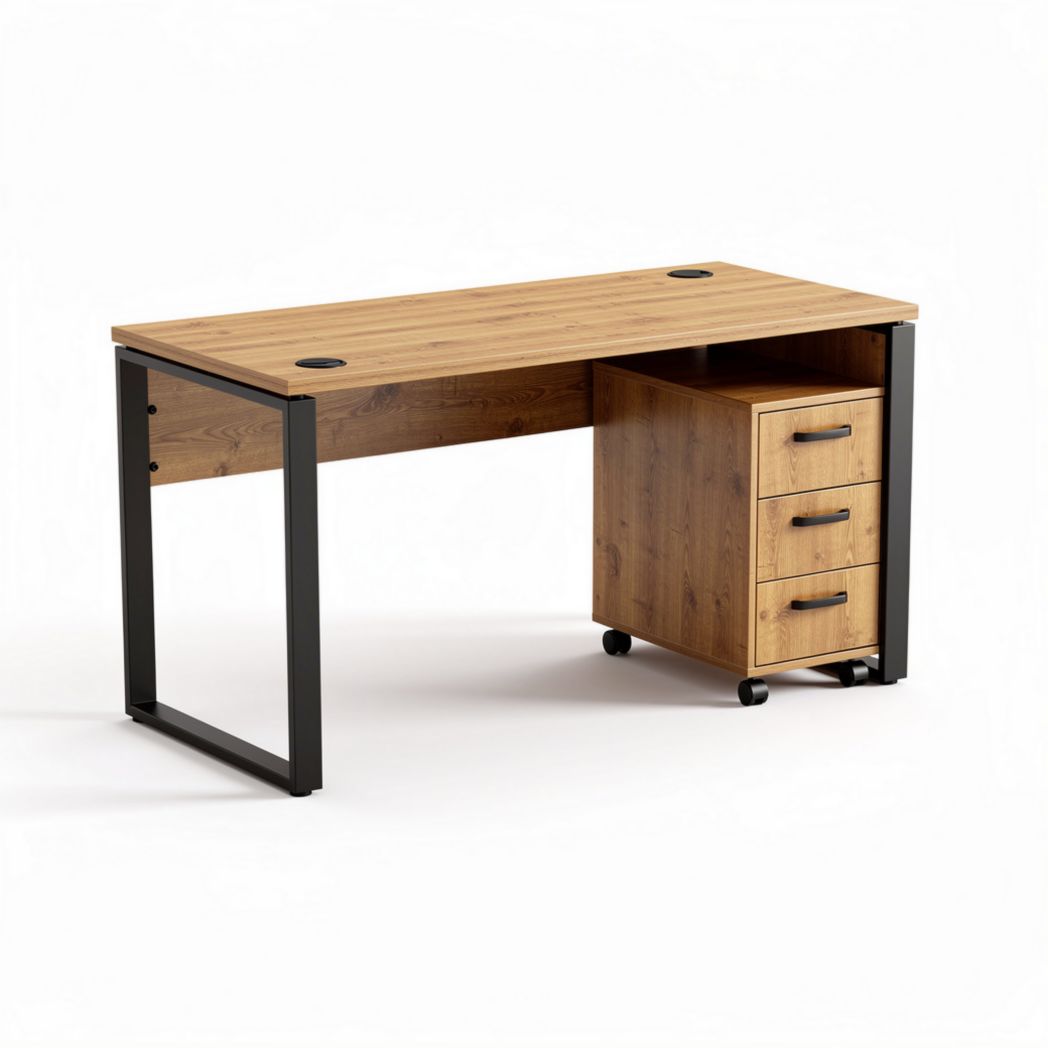 Wooden desk with storage cabinet and metal frame 150 x 75 x 75cm